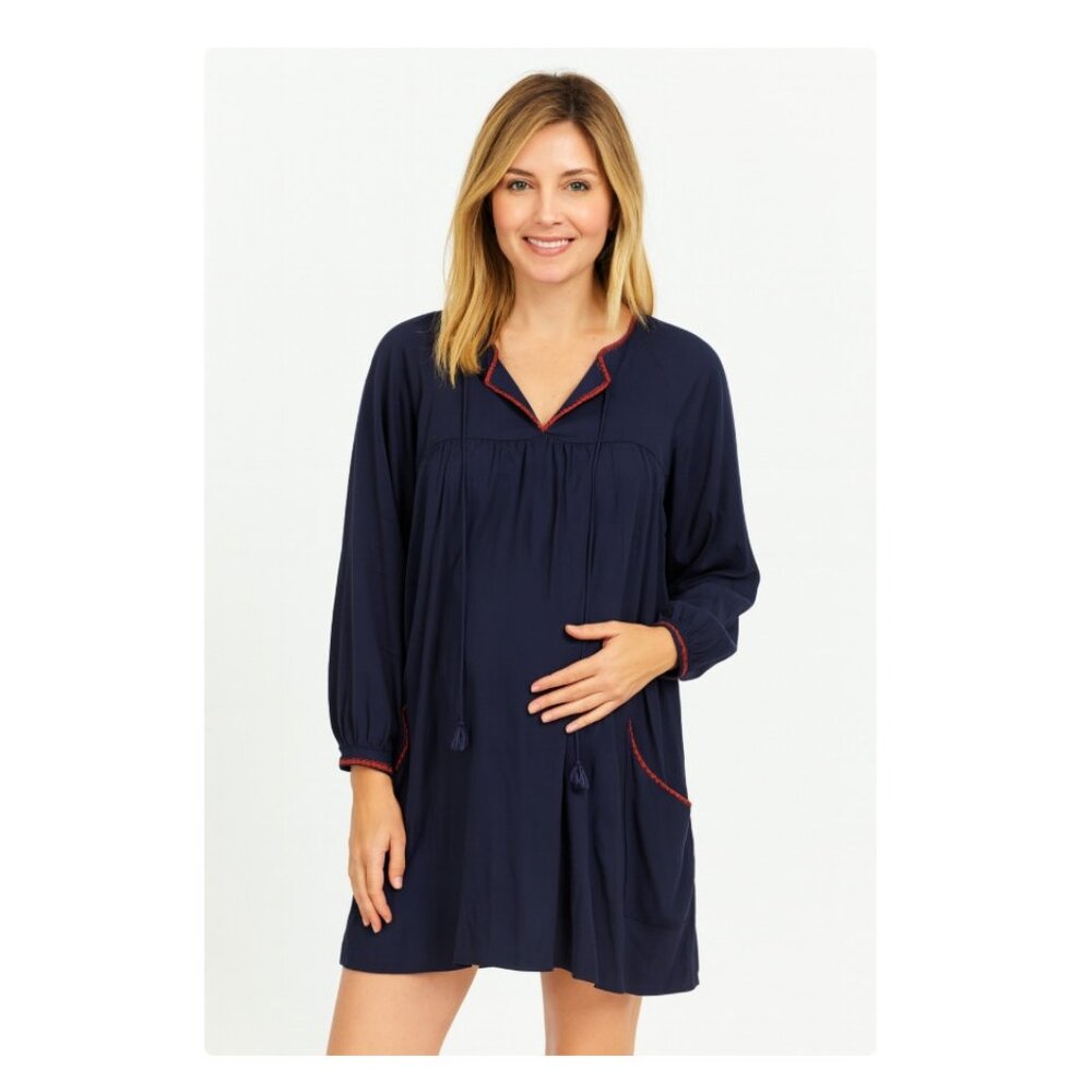 HATCH Tunic Dress Womens Petite Navy Maternity Tassel Tie Pockets Long Sleeve